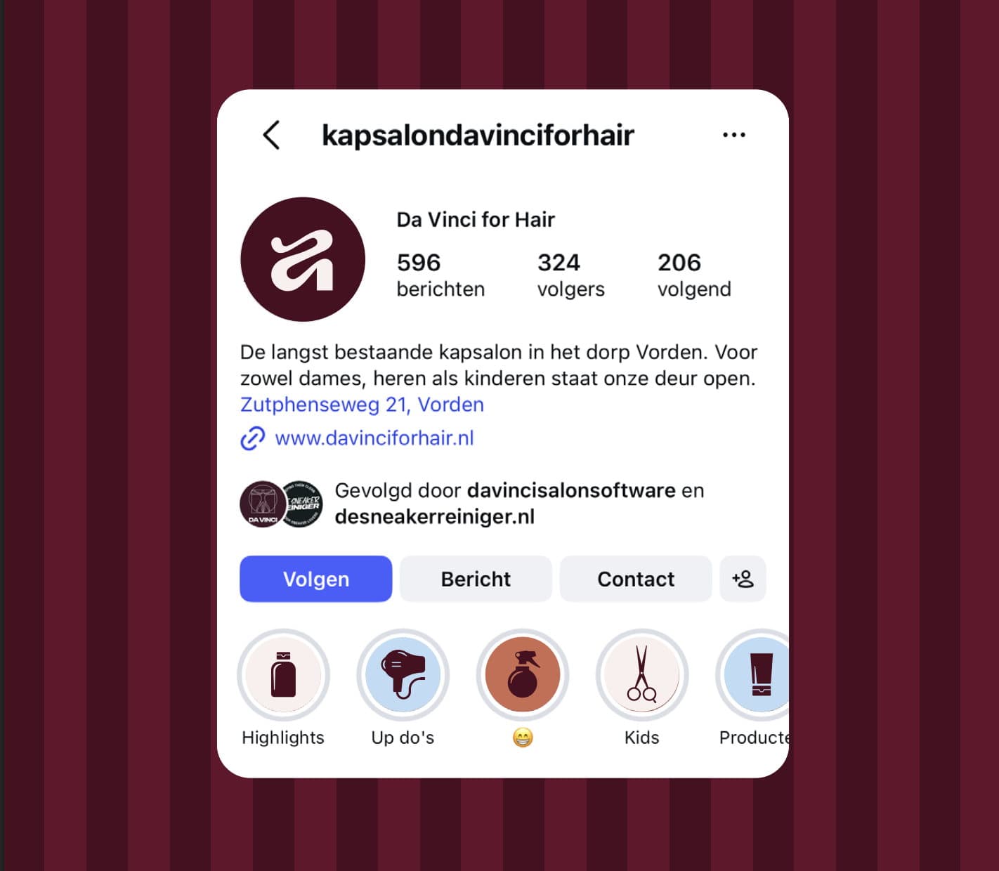 Het Instagramprofiel van de kapsalon, met eigen hoogtepunten voor kleuren, opsteken, kids en producten